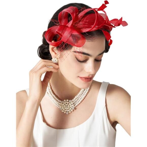 Fascinators Headband with Feather, Red